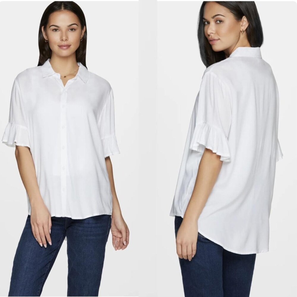 Beach Lunch Lounge ​Nisa Ruffle Sleeve Button Up Top, White XS NWT